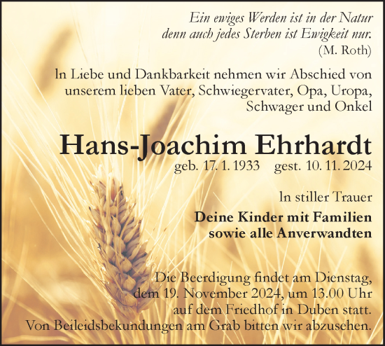 Traueranzeige von Hans-Joachim Ehrhardt von Lausitzer Rundschau