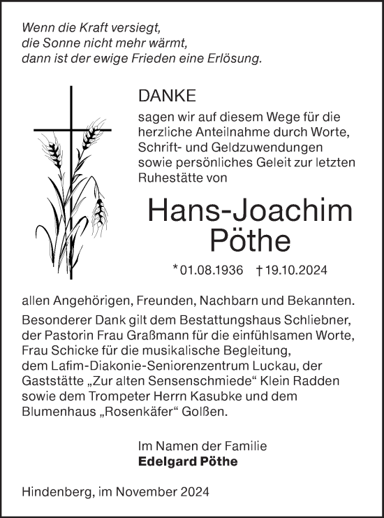 Traueranzeige von Hans-Joachim Pöthe von Lausitzer Rundschau