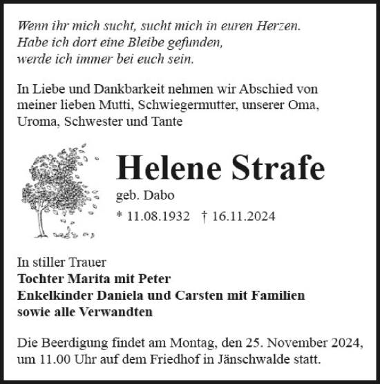 Traueranzeige von Helene Strafe von Lausitzer Rundschau