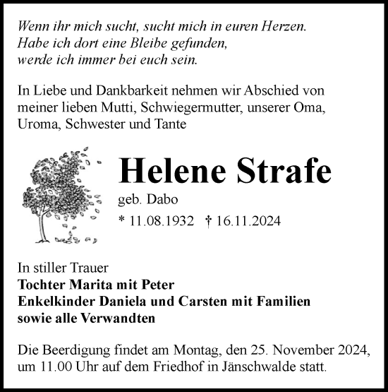 Traueranzeige von Helene Strafe von Lausitzer Rundschau