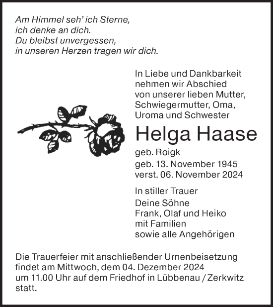 Traueranzeige von Helga Haase von Lausitzer Rundschau