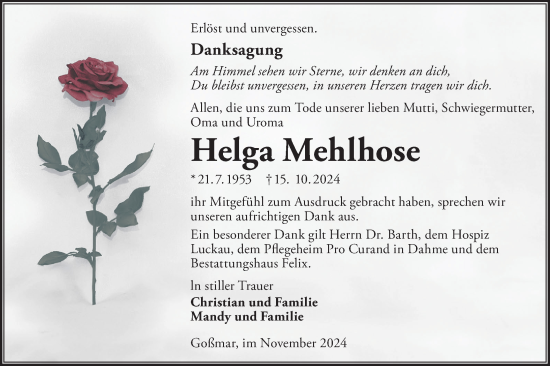 Traueranzeige von Helga Mehlhose von Lausitzer Rundschau