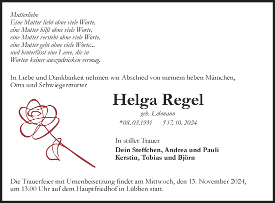 Traueranzeige von Helga Regel von Lausitzer Rundschau