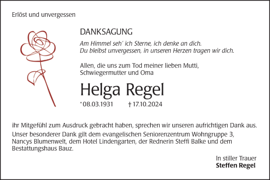 Traueranzeige von Helga Regel von Lausitzer Rundschau