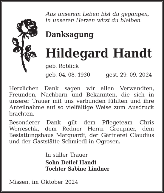 Traueranzeige von Hildegard Handt von Lausitzer Rundschau