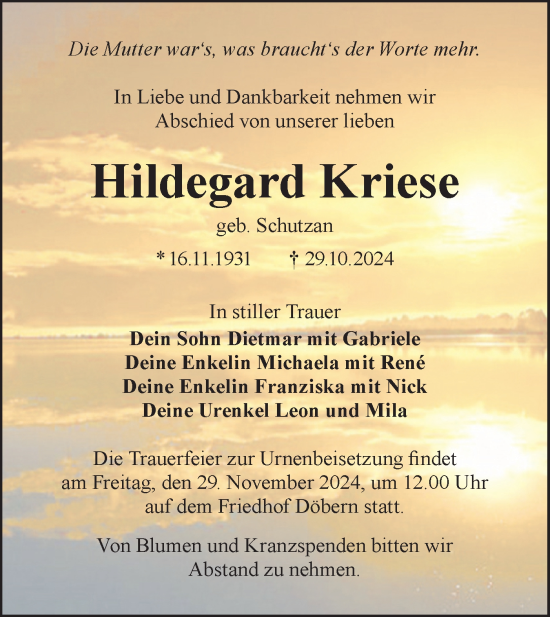 Traueranzeige von Hildegard Kriese von Lausitzer Rundschau