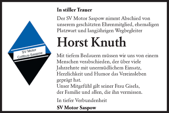 Traueranzeige von Horst Knuth von Lausitzer Rundschau