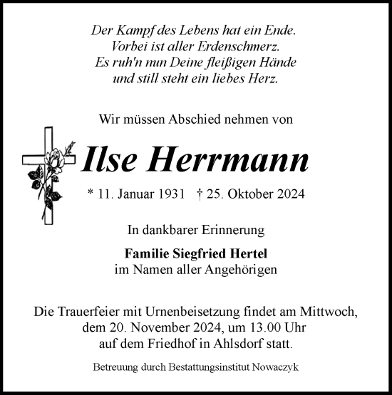 Traueranzeige von Ilse Herrmann von Lausitzer Rundschau