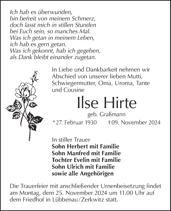 Traueranzeige von Ilse Hirte von Lausitzer Rundschau