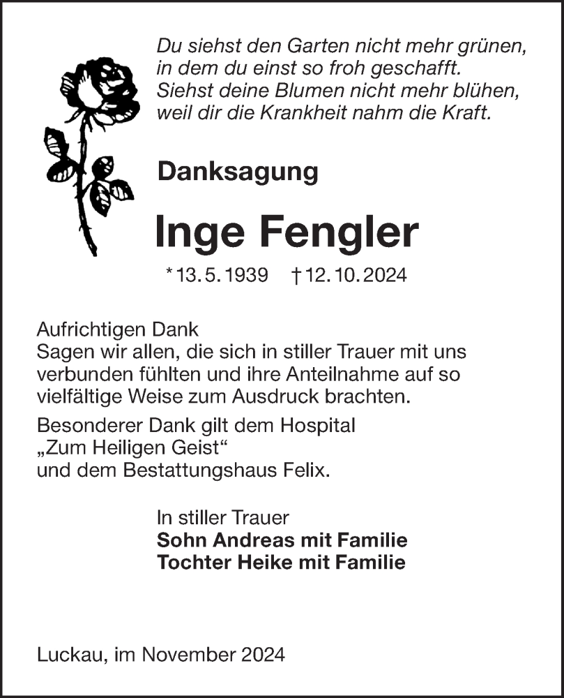  Traueranzeige für Inge Fengler vom 23.11.2024 aus Lausitzer Rundschau