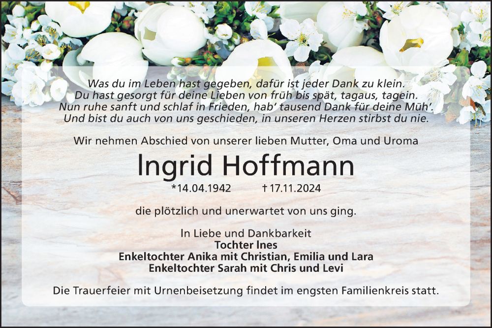  Traueranzeige für Ingrid Hoffmann vom 30.11.2024 aus Lausitzer Rundschau