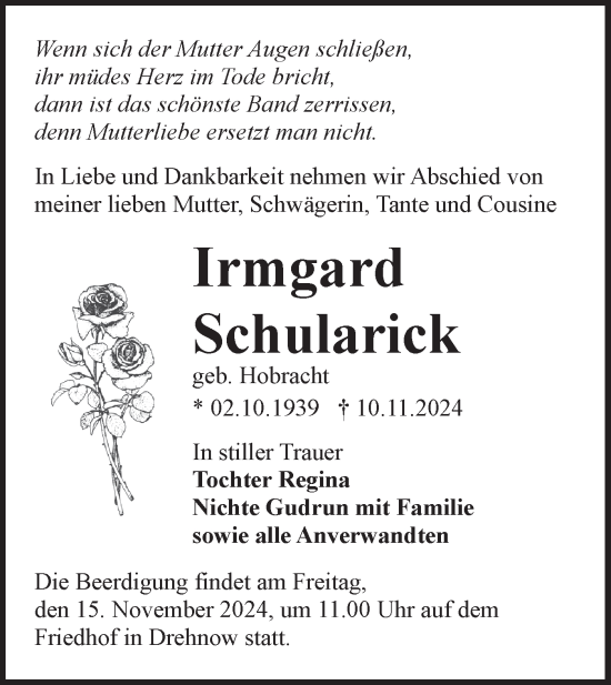 Traueranzeige von Irmgard Schularick von Lausitzer Rundschau