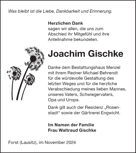 Traueranzeige von Joachim Gischke von Lausitzer Rundschau