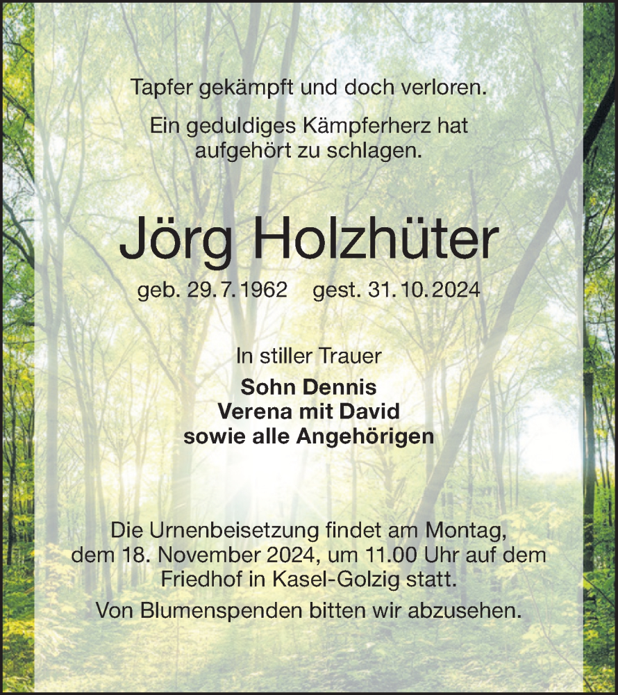  Traueranzeige für Jörg Holzhüter vom 09.11.2024 aus Lausitzer Rundschau