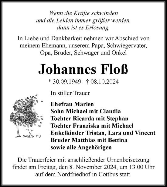 Traueranzeige von Johannes Floß von Lausitzer Rundschau