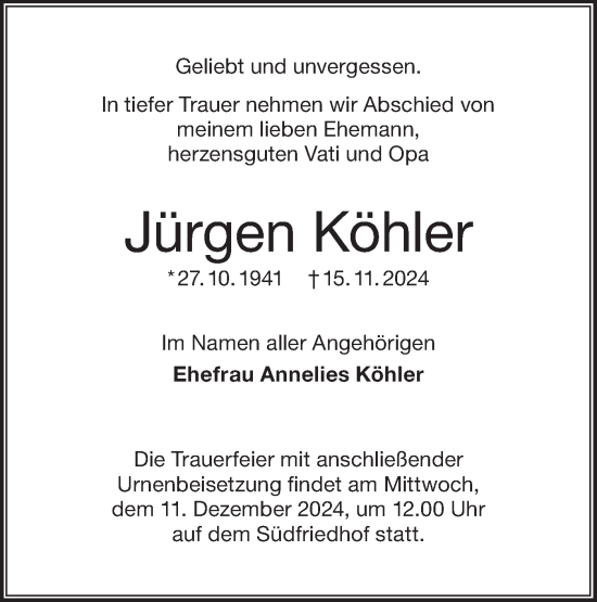 Traueranzeige von Jürgen Köhler von Lausitzer Rundschau