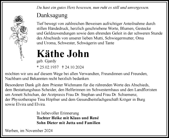 Traueranzeige von Käthe John von Lausitzer Rundschau