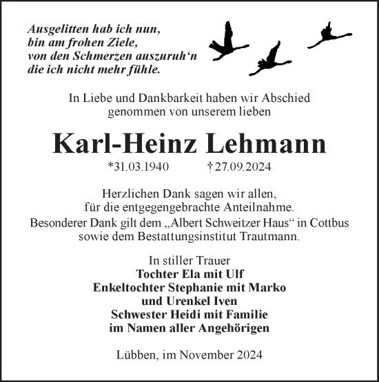 Traueranzeige von Karl-Heinz Lehmann von Lausitzer Rundschau