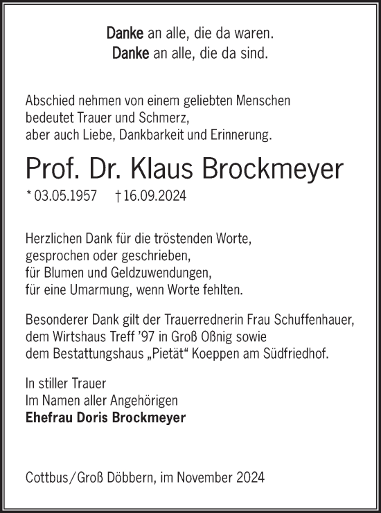 Traueranzeige von Klaus Brockmeyer von Lausitzer Rundschau