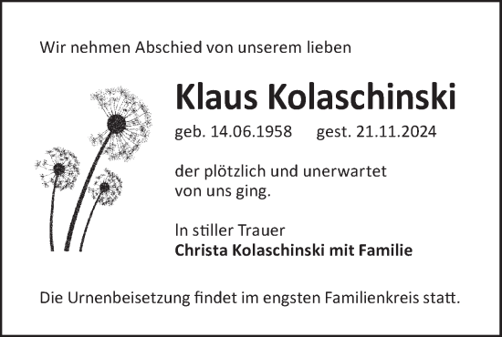 Traueranzeige von Klaus Kolaschinski von Lausitzer Rundschau