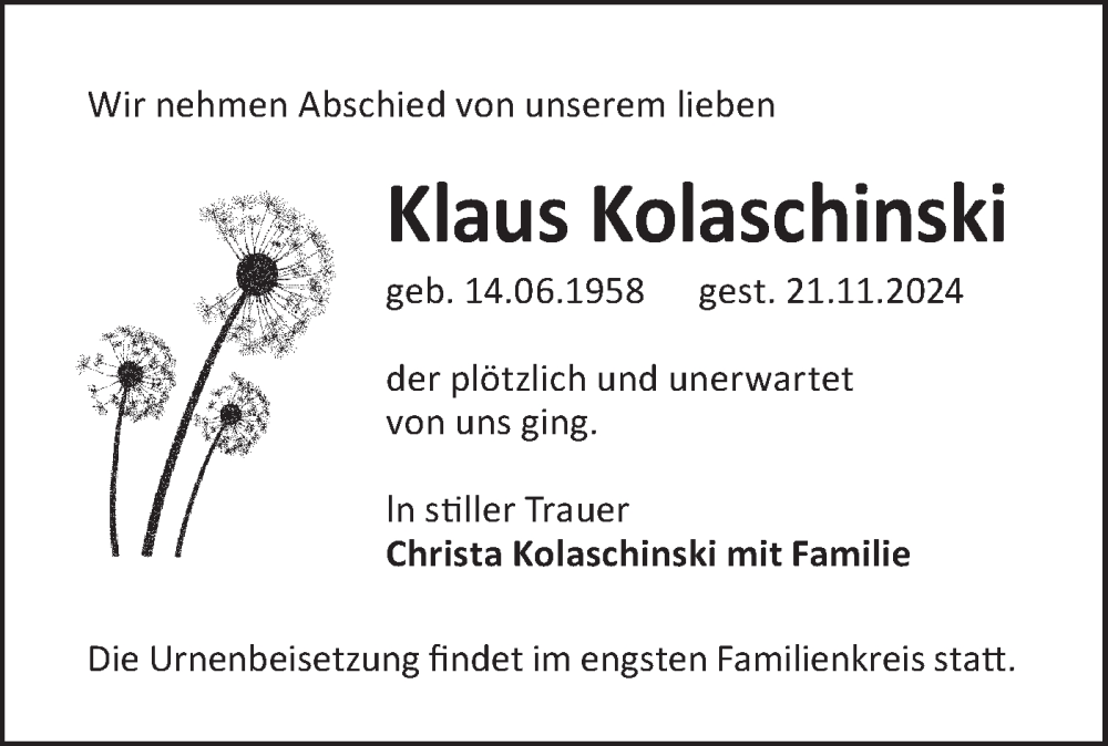  Traueranzeige für Klaus Kolaschinski vom 30.11.2024 aus Lausitzer Rundschau