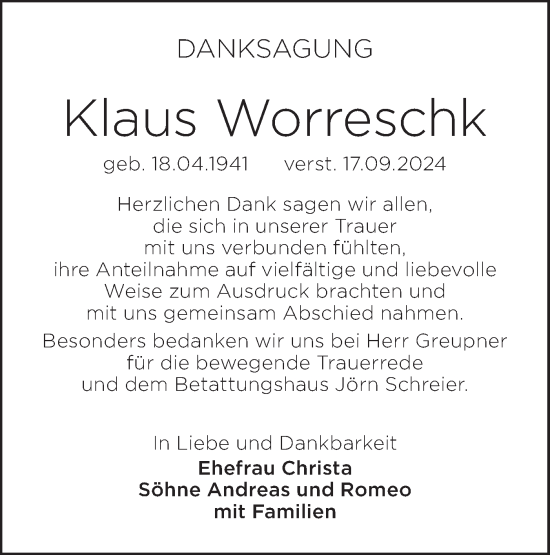 Traueranzeige von Klaus Worreschk von Lausitzer Rundschau