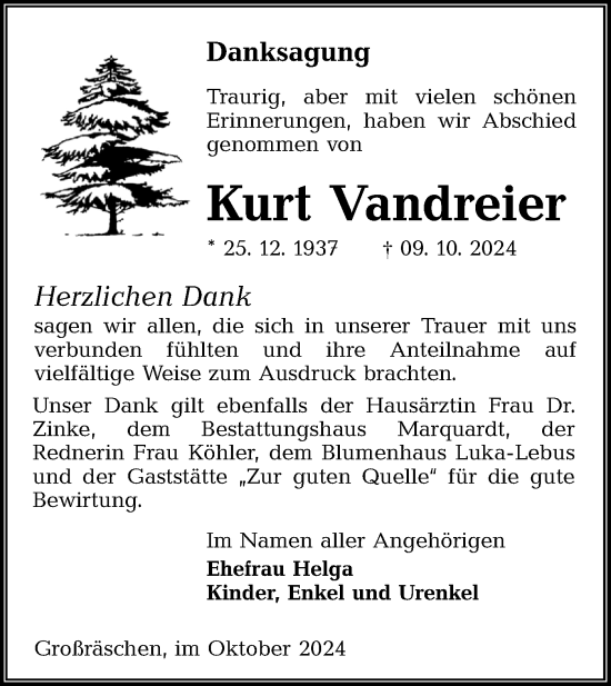 Traueranzeige von Kurt Vandreier von Lausitzer Rundschau