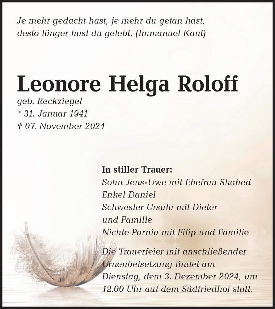  Traueranzeige für Leonore Helga Roloff vom 23.11.2024 aus Lausitzer Rundschau
