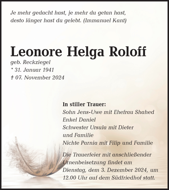 Traueranzeige von Leonore Helga Roloff von Lausitzer Rundschau