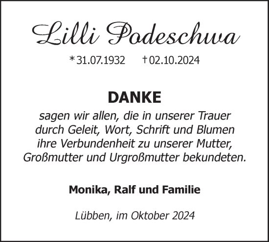 Traueranzeige von Lilli Podeschwa von Lausitzer Rundschau