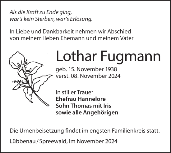 Traueranzeige von Lothar Fugmann von Lausitzer Rundschau