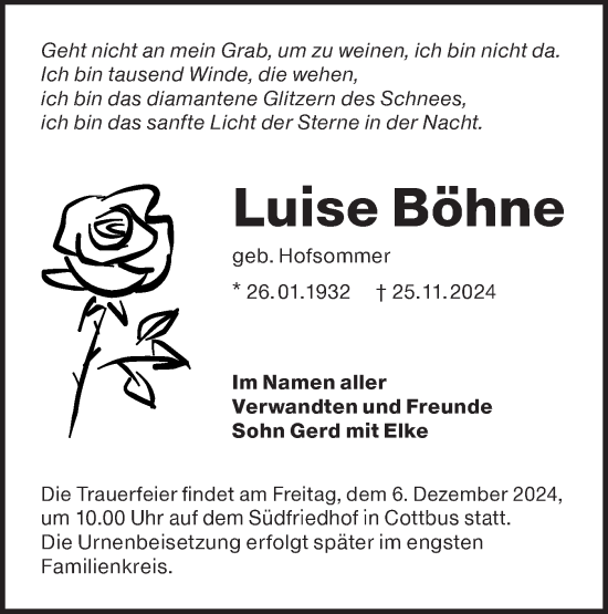 Traueranzeige von Luise Böhne von Lausitzer Rundschau