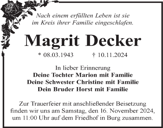 Traueranzeige von Magrit Decker von Lausitzer Rundschau