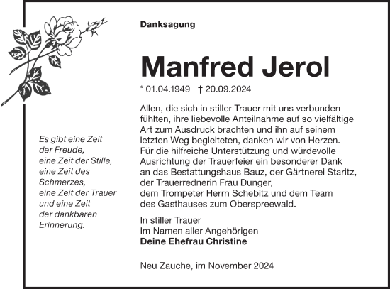 Traueranzeige von Manfred Jerol von Lausitzer Rundschau