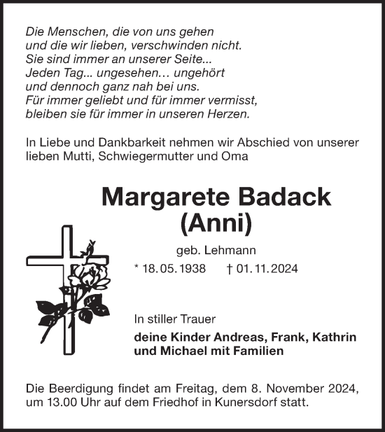 Traueranzeige von Margarete Badack von Lausitzer Rundschau