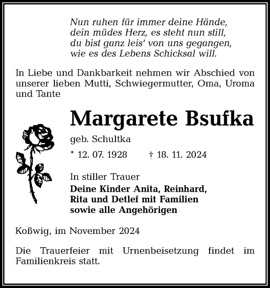 Traueranzeige von Margarete Bsufka von Lausitzer Rundschau