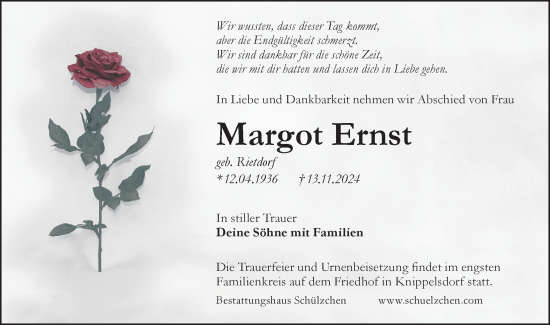 Traueranzeige von Margot Ernst von Lausitzer Rundschau