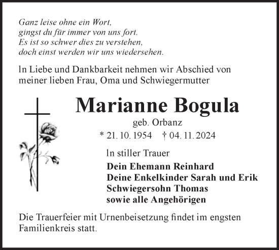 Traueranzeige von Marianne Bogula von Lausitzer Rundschau