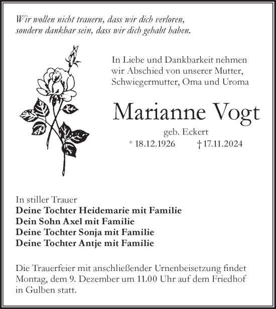 Traueranzeige von Marianne Vogt von Lausitzer Rundschau