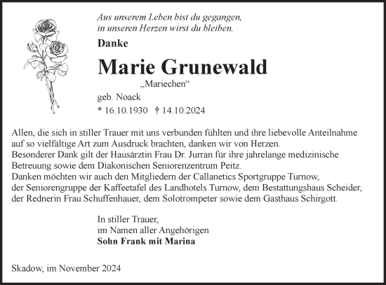 Traueranzeige von Marie Grunewald von Lausitzer Rundschau