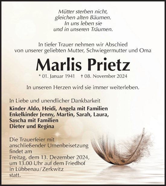 Traueranzeige von Marlis Prietz von Lausitzer Rundschau