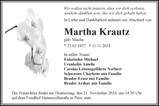 Traueranzeige von Martha Krautz von Lausitzer Rundschau