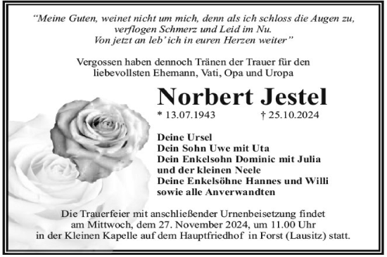 Traueranzeige von Norbert Jestel von Lausitzer Rundschau