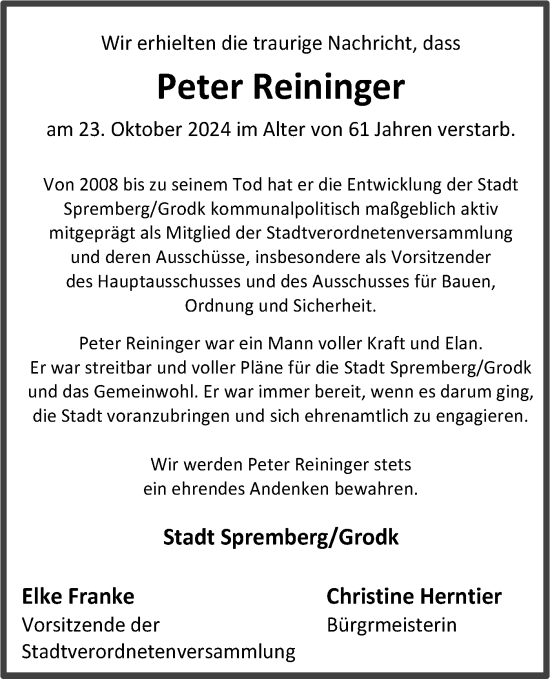 Traueranzeige von Peter Reininger von Lausitzer Rundschau