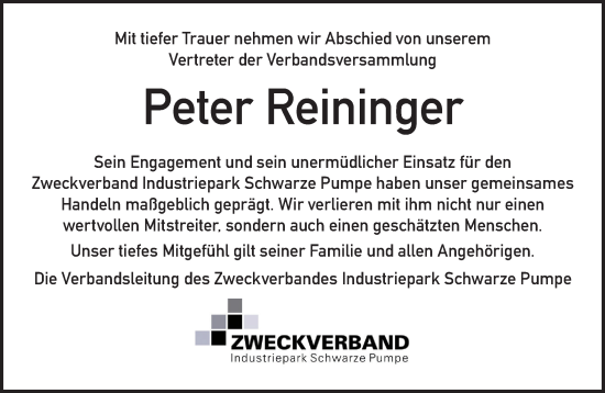 Traueranzeige von Peter Reininger von Lausitzer Rundschau