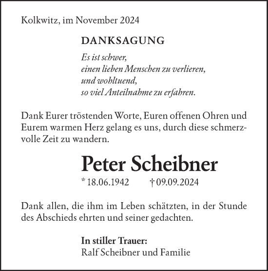 Traueranzeige von Peter Scheibner von Lausitzer Rundschau