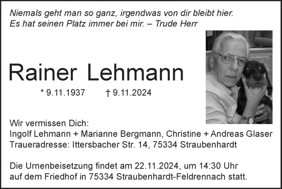 Traueranzeige von Rainer Lehmann von Lausitzer Rundschau