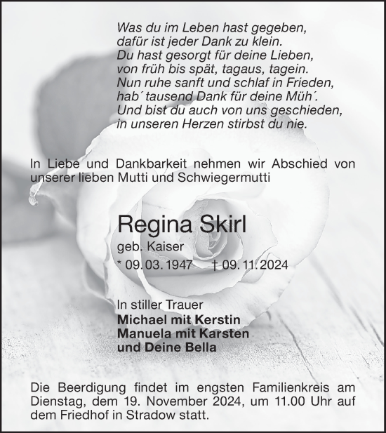 Traueranzeige von Regina Skirl von Lausitzer Rundschau