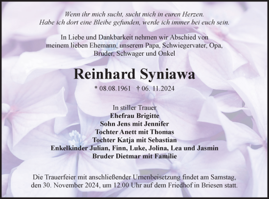 Traueranzeige von Reinhard Syniawa von Lausitzer Rundschau