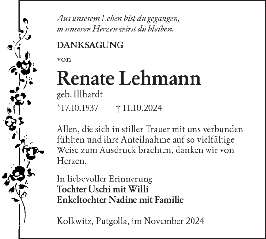 Traueranzeige von Renate Lehmann von Lausitzer Rundschau